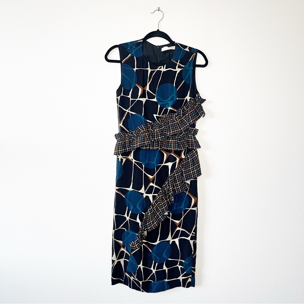 TELA Cupro Pencil Dress Check Ruffles Sleeveless Blue Abstract Dress XS Chic